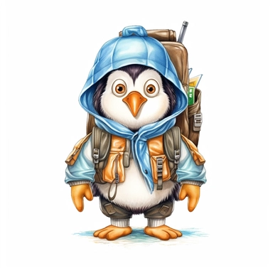 cute Penguin character wearing camping clothes and camping gear with happy face,front facing on isolated background,with happy face and expression,Animal Sublimation Clipart,no splash watercolor,white background, ultra detailed clipart, cut out image, colorful watercolor realistic, cartoon style, ultra HD, sharp and clean art