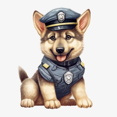 Adorable cute fantasy german shepherd dog dressed like a police officer, nursery art, clipart image, lineart image, white background, very detailed, 8k