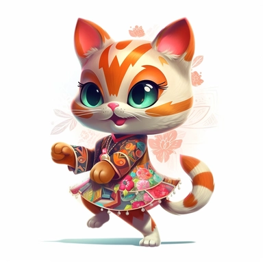Funny dancing cat clipart on a white background, chibi and real style, masterpiece, realistic photography, colorful background, detailed, intricate details, rich colors, realistic style