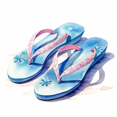 watercolor, pink, hyper realistic, white background, white margins, 16k, ultra detailed clipart, cut out image, hand-drawn, whimsical blue manhwa style, ultra HD, sharp and clean art pair of blue flip-flops lying on the sand, symbolizing relaxation and leisure. Bright and vibrant colors that evoke the energy and warmth of summer, such as a combination of coral, turquoise, and yellow