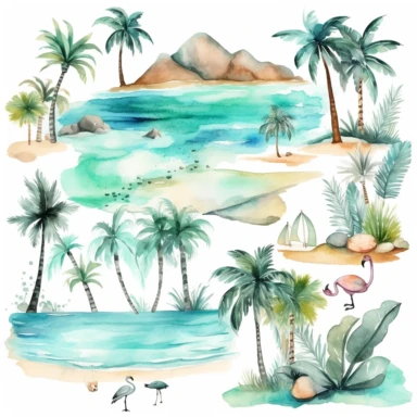 Tropical island beach clipart set isolated on white, watercolor, turquoise - - no photograph