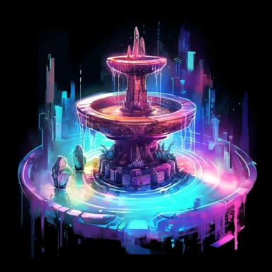 The holographic fountain is a marvel of technology and art, with its ethereal glow and cyberpunk design. The watercolor clipart style adds to the dreamy and otherworldly atmosphere of the scene. The lighting is natural, casting a soft and colorful glow on the fountain and its surroundings. The colors used are a mix of vibrant and muted hues, creating a balance between the futuristic and the mystical. The composition of the scene is set to capture the best view of the holographic fountain, with a