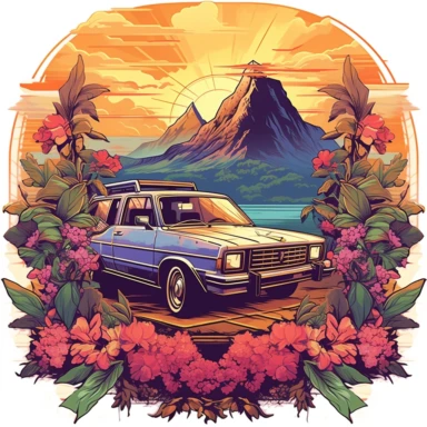 old car, close up, a sticker, artwork of t-shirt graphic of the majestic forest, in digital painting style, beautiful flowers, sunset mountains and clouds, big vines, stone temple covered in vines, plants surrounding, highly detailed clean, vector image, photorealistic masterpiece, professional photography, realistic, flat white background, isometric, vibrant vector, clipart, illustration, realism, 4k, cinematic, front view, paradise, extremely white background