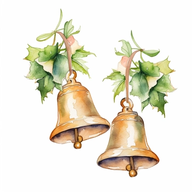2 Christmas bells，watercolor, Retro，popular on amazon, lateral view, clipart, transparent background, clear background, green leaves, high resolution, watercolor, vector, 12k, 300 dpi, 12: 12 ratio