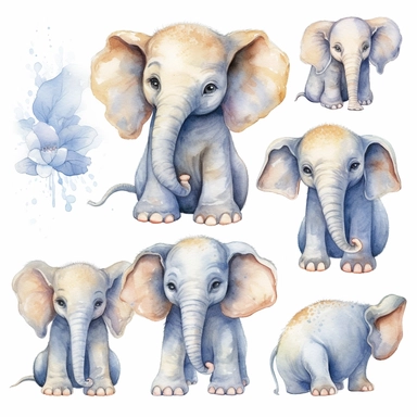 A charming watercolor elephnat clipart bundle, showcasing an adorable Elephant engrossed in playful activities. Against a clean white background, the watercolor painting depicts the cub's unbridled enjoyment and sense of fun. This cute baby animal clipart bundle infuses designs with a lively and joyful atmosphere, creating a delightful and engaging visual experience. playing with toys back side view /artistic_style:Watercolor painting /background:white /subject:playful elephnat /emotion:enjoymen