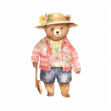a Cute Happy Bear in clothing in the style of Watercolor Kate Greenaway Clipart, White Background