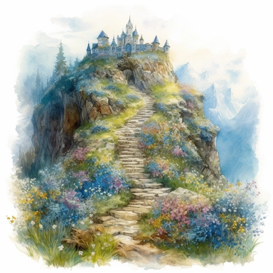 isolated on white illustration watercolor art of a part of a royal dark castle, the landscape from the garden with forget-me-nots and a road going into the mountains, a lot of forget-me-nots, masterpiece by Hans Zatzka and by Josephine Wall and by Rachel Ruysch style and by Jean-Baptiste Monge style, Art Nouveau Architecture, PNG clipart, isolated on white, extreme photorealistic details, 32k HD resolution, realistic high detailization high resolution