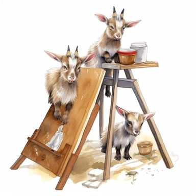 baby dwarf Nigerian goats playing on the A-frame, very detailed and realistic, watercolor, white background with margins, clipart style