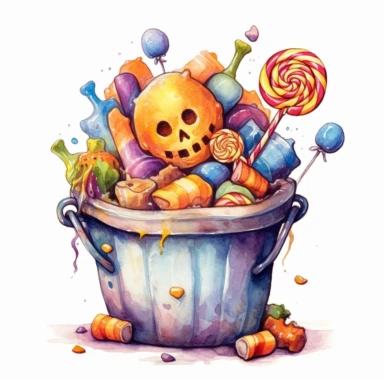 watercolor, candies in a halloween pot, sweet colors, clipart, white background , chaos 20