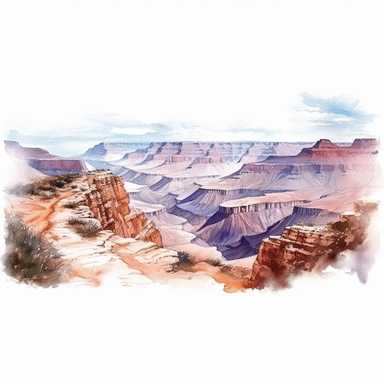 vast panoramic view, full view, illustration clipart, soft watercolor, beautiful grand canyon landscape with trail, sharp focus, high detail, romantic, fantasy, ethereal, transparent background