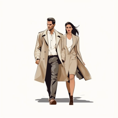 simple clipart of an attractive couple, both slim, the man wearing a trenchcoat and the woman wearing light coat, walking toward the viewer, similar to the iconic image used on the J. Peterman catalog, make the image so it is oval, like an icon type image