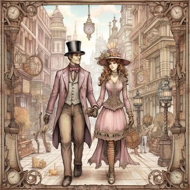A steampunk couple strolls through a pastel cityscape adorned with gears and vintage lampposts, enclosed within a charming steampunk frame. The cityscape showcases impressive steampunk architecture with intricate gearwork details, while the pastel colors create a lively and cheerful atmosphere. The couple's attire combines Victorian elegance with steampunk elements, featuring top hats, corsets, and gear accessories. The clipart has a simplified retro-futuristic style, with a white background and