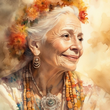 Romantic realistic watercolor of a beautiful older woman , celebrating Dia de Los Muertes, wearing boho jewerly and mexican traditional dress, spiritual,translucent, multi-layered, delicate, bright colors, golden hour, fashion photography, watercolor clipart--no watermarks, no text