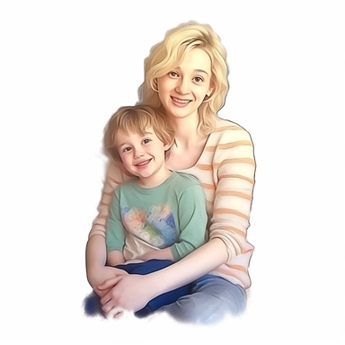 blonde mother hugging boy lovingly, smiling, Watercolor Clipart, HAPPY, strybk, full Illustration, chibi kawaii, 8k, sharp focus, watercolor, smooth soft skin, symmetrical, soft lighting, detailed face, concept art, muted colors, watercolor style, strybk, children's style fairy tales, Octane rendering, 3D, Perfect face, detailed face, delicate face, perfect sharp lips, detailed eyes. Craig Davison, Aubrey Beardsley, Conrad Roset, Aikut Aidogdu, Agnes Cecil