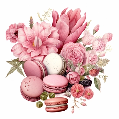 high detail romantic Clipart of pink toned flowers and beautiful macroons on a white background