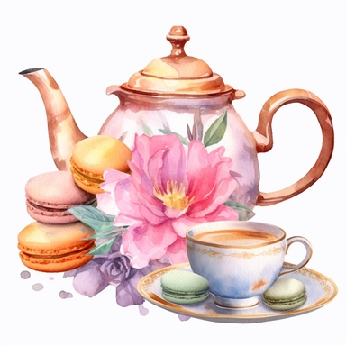 Clipart of set of teapot and cup set in the style of light gold and pink ,decorate with flower serving flowering tea, with a plate of macarons, Watercolor, pastels, clipart, beautiful, colourfull, png transparent white background, high resolution, watercolour, 8k, hyper-realistic, isolated on a white background. q4 s2.