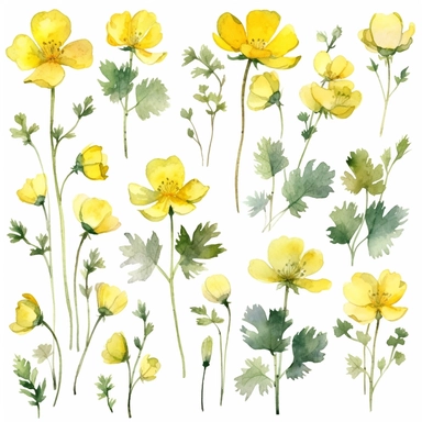 beautiful dainty buttercups flowers, boho watercolor clipart, solid white background, hard edges, smooth