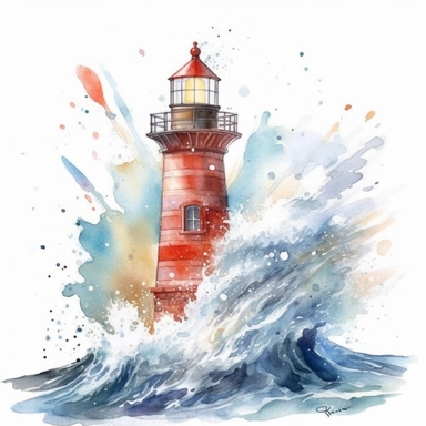 clipart, A captivating watercolor lighthouse nestled amidst crashing waves, guiding ships with its bright beacon, isolated on a white background with a wide margin.