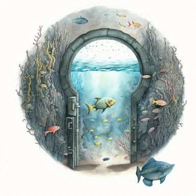 looking through a keyhole to an underwater scene. artwork medium is watercolor clipart.