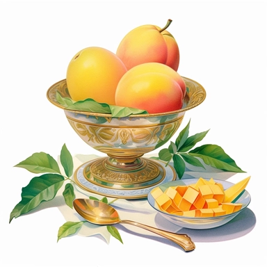 A simple clipart, gouache, still life of mango fruit salad, artwork by J.C. Leyendecker and Ivan Aivazovsky, pastel shades, dynamic. On white background, space out.