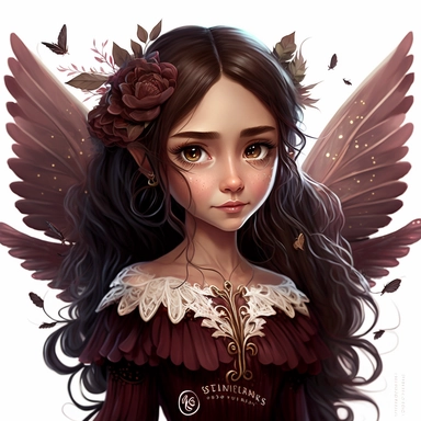 lilly stone, beautiful smiling fairy with large wings, 10 year old girl with long dark brown wavy hair, burgundy dress, big eyes, BENTE SCHLICK style illistration, sparklecore, flowers, hyper detailed, white background, mid shot, clipart