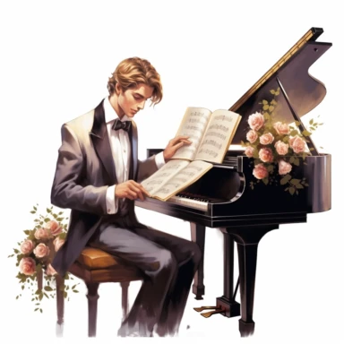 beauty man playing elegant piano, flower and a music book digital clipart on white background