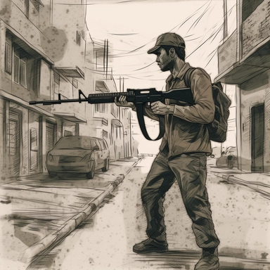 a full body portrait of a man holding his M16 rifle and shoot fire to the side,in a poor street +s ide view+dark color tones+ vintage drawing style ,clipart drawing,clipart image,high definition drawing,clean colors,balanced colors,detailed drawing,ratito 16:9 , aspects : high 1920 + width 1080