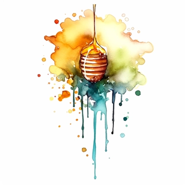 simple honey drips on a white background, watercolor drawing, simple iconic, wind, fanstasy, free brushstrokes, magical, watercolour illustration. colourful, white background isolated. aquarellist, fantasy, cute, clipart, cottagecore,