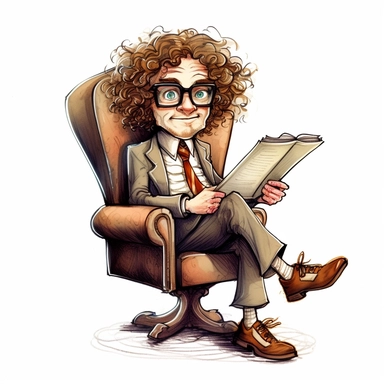 curly man in glasses and a tie on an armchair with a folder simple clipart