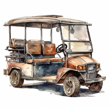 Idyllic watercolor clipart of a luxury high end golf cart on isolated on a pure white background, insane detail,