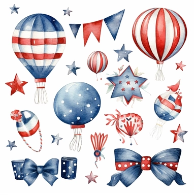 watercolor 4th of july patriotic decorations, illustrations clipart set, simple, , cartoon elements , bunting, ribbon elements, door wreaths, different variants , separate elements with a margin