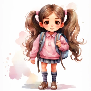 Back to school Watercolor Clipart, A cute happy school girl with backpack, full body, pink themed , single object, highly detailed, hand drawn watercolor illustration ,png transparent background, white background for removing background - - no text shadow font watermark