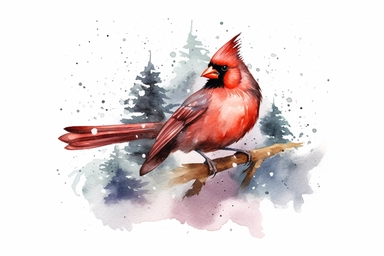 beautiful cardinal bird, snowy Christmas scene, watercolor clipart