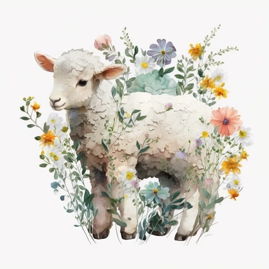 Easter, spring Lamb with Flowers Clipart, Watercolour, PNG, white background, Scrap Book, watercolor, liquid oil and ink concept art, hyper realistic, sticker style, fantasy, realism, in studio ghibli vibe, in studio ghibli style