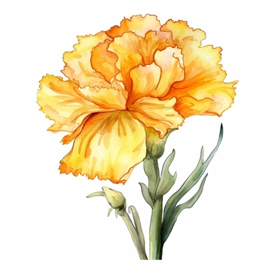 Watercolor yellow carnation clipart on a white background in the style of feminine sticker art, Tanya Shatseva, storybook illustration, bright yellow and golden hues, Georgia O'Keeffe, flower and nature motifs, colored line art, colored outlines, cottagecore design, watercolor on white background, ombre, sunny tones, colored line art, colored outlines, iridescent ombre, gradient shading, symbol of cheerfulness, vibrant digital art oil paint photorealism, an illustration of a colored flower, meti