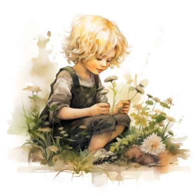 ink and watercolor mixed a beautiful little girl picking fwildflowers, with flowers in her short blond curly hair, clipart