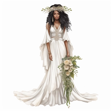 black, african American boho wedding clipart, bride in boho style wedding dress, hyper realistic, detailed, white background