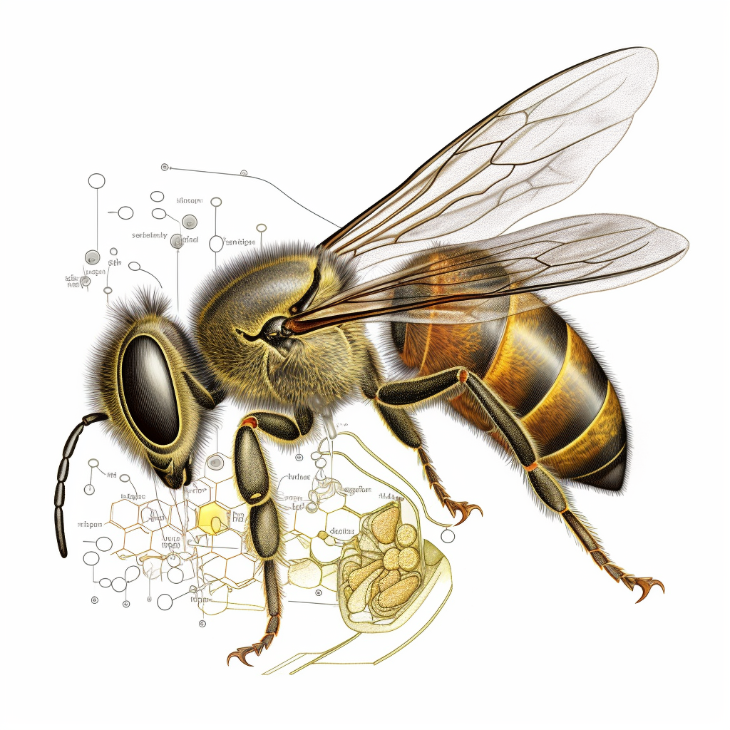 An educational illustration highlighting the anatomy of a bee's hind