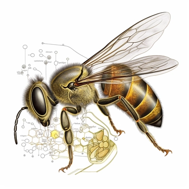 An educational illustration highlighting the anatomy of a bee's hind leg, specifically focusing on the structure and function of the pollen basket and its role in carrying pollen grains for pollination. (Digital drawing clipart, image black border color, full body, transparent background)