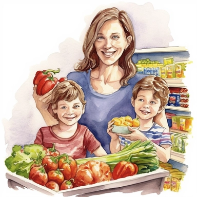 watercolor detailed illustration of An extremely happy smiling woman making groceries with her kids in a grocery store, clipart, white background