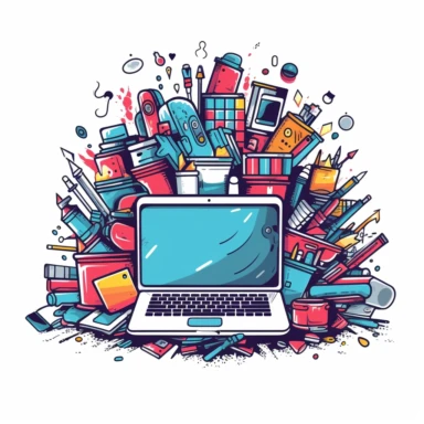 A clipart style representation of a company that uses laptops, computers, notepads, business tools, etc., T-shirt design graphic, vector, contour, white background