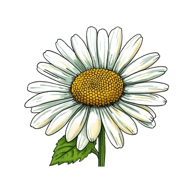 Envision a hand-drawn, detailed clipart of a daisy flower. The daisy is vibrant and fresh, with its central disk a cheerful yellow and the surrounding delicate petals rendered in a crisp white. The petals fan out symmetrically, creating a harmonious and balanced design. The slender green stem holds one or two softly serrated leaves, adding a touch of green to the scene. Despite the simplicity of a daisy, every detail is captured beautifully in this design, from the subtle textures of the petals 