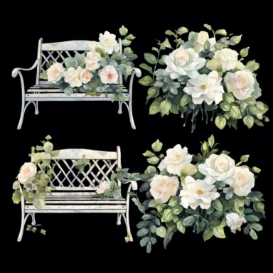 a set of unique EFFERVESCENT watercolor-style clip art images of white garden bench against a black background, The overall mood of the images should be a fantasy floral wonderland, with a focus on the beauty and fantasy of gardening and beauty, and the elegance of roses and whimsical designs. single design clip art, think French garden in the springtime, watercolor rose Garden Clipart, in the style of Leonid Afremov, each image must be on a white background with margins, each image must be sepa