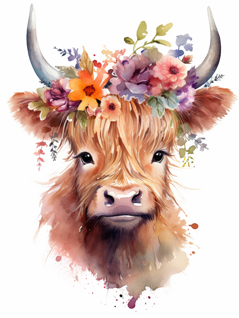 watercolor cute baby highland cow with flower crown and multicolored ...