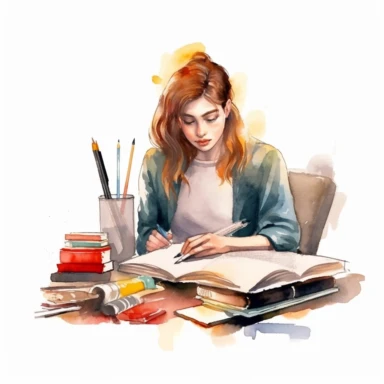 watercolor style, teenage girl learning at the perfectly organized desk, realistic, clipart, isolated on white background, 4K
