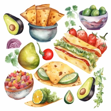 mexican food theme watercolor clipart white background
