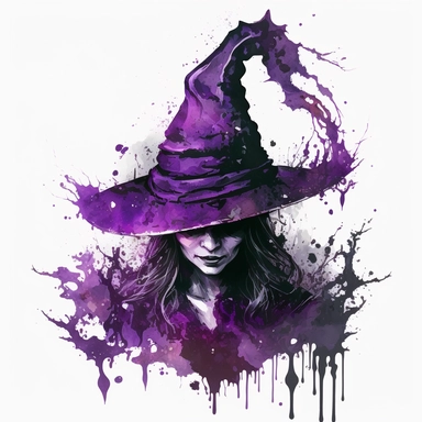 wet on wet watercolor, intense purple witchhat with evil demon and hell depiction, dust, evil, clipart, mysterious, detailed,witchcore, in the style of realism with fantasy elements, intense purple colour,I can't believe how beautiful this is, white background