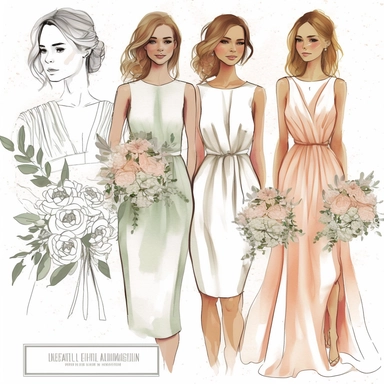 Best Friends wedding Fashion Illustration Clipart, high resoulution format,bride and bridesmaids png file