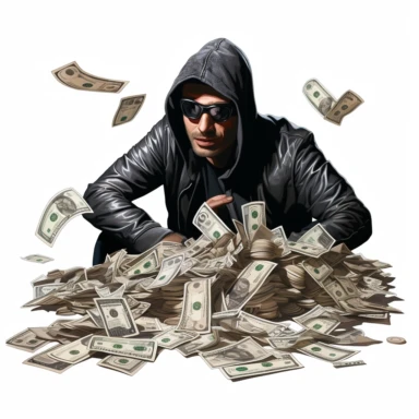 high def photograph clipart vector image with plain white background of a hyper realistic high definition photograph of a robber with money. extremely detailed. 35mm lens. 8k. Ultra HD.