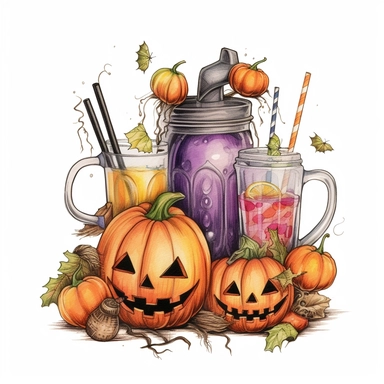 simple, vintage Halloween party, clipart style, color pencil technique, super high quaility, high resolution on a white